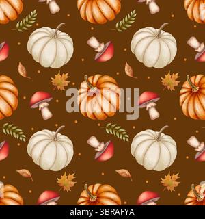Nahtloses Herbstmuster mit orangefarbenen und weißen Kürbissen, roten Pilzen, Ahornblättern und grünen Zweigen. Stockfoto