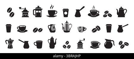 Satz von schwarzen Kaffeesorten und Ausrüstungssymbolen in Silhouette isoliert auf weißem Hintergrund, Abbildung. Konzept von Kaffeegetränken, Tassen, Bohnen, Tassen, c Stock Vektor