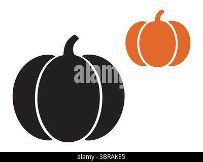 Schwarze Silhouette von Kürbis und orangefarbene Umrandung von Kürbis isoliert auf weißem Hintergrund, grafische Illustration. Konzept von Ikone, Logo, halloween, Herbst Stock Vektor