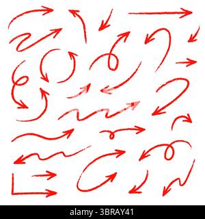 Pfeil rot handgeschriebener Skizzenvektor. Handgezeichneter Bleistiftmarker Kritzelpfeil Set Pinsellinie, Curved Direction Pen Style. Großer dicker, rauer künstlerischer Strich für rote Clipart. Vektorabbildung Stock Vektor
