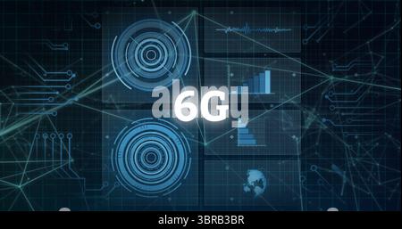 Anzeige der 6G-Beschriftung, die Radardiagramme und Balkendiagramme auf einem digitalen Raster mit einem Globus-Symbol verbindet Stockfoto