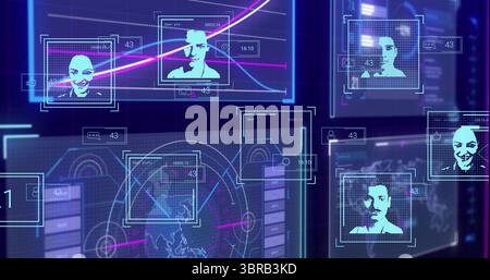 Anzeige holografischer Scanrahmen in einer sicheren Kontrollzentrale mit Daten-Tags-Neon-Liniendiagrammen Stockfoto