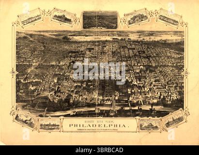 Vintage-Bildkarte mit einer Luftaufnahme der Stadt Philadelphia, Pennsylvania, USA um 1876 Stockfoto
