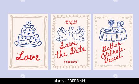 Doodle Hochzeit Skizze Karte Set Liebe Romantische Hand Gezeichnet Kreide Gruß Banner Vintage Vektor Speichern Das Datum Party Event Kuchen Vögel Hochzeit Dinner Sammlung Stock Vektor