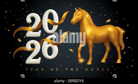 Chinesisches Pferd Mondneujahr 2026 Zahlentext Goldener Vektor 3D traditionelles Pferd Zodiac Stock Vektor