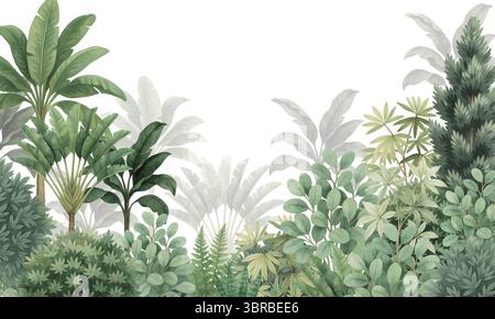 Neutrale botanische Wandtapete – tropische Laublandschaft in weichem monochromen Aquarell Stockfoto