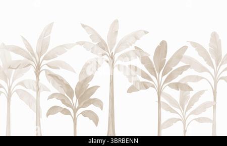 Neutrale botanische Wandtapete – tropische Laublandschaft in weichem monochromen Aquarell Stockfoto
