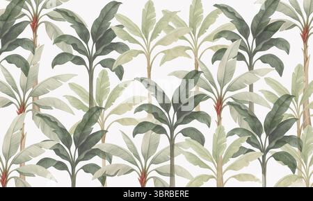 Neutrale botanische Wandtapete – tropische Laublandschaft in weichem monochromen Aquarell Stockfoto