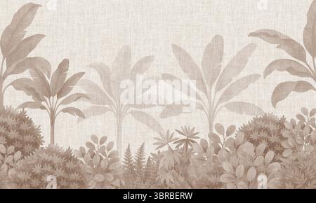 Neutrale botanische Wandtapete – tropische Laublandschaft in weichem monochromen Aquarell Stockfoto