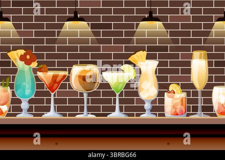 Gläser mit alkoholischen Cocktails an der Bar. Nahtloser horizontaler Innenhintergrund des Nachtclubs. Vektor flache Zeichentrickfilm Party Event Illustration. Alc Stock Vektor