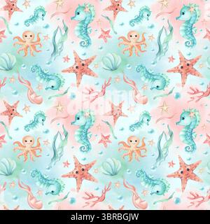 Seepferdchen, Seesterne, Kraken, Kinderfiguren, nahtloses Muster. Isolierte Illustration auf türkisrosa Aquarellfleck. Sea-Konzept Stockfoto
