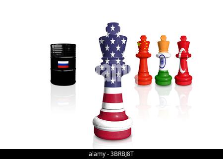 Schach aus Fahnen der USA, Chinas, Indiens und Rohölfass mit russischer Flagge. Sanktionen für den russischen Krieg in der Ukraine und für die Unterstützung Russlands Stockfoto