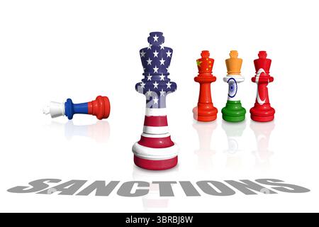 Schach aus Fahnen der USA, Chinas, Indiens und Russlands. Sanktionen für den russischen Krieg in der Ukraine und für die Unterstützung Russlands Stockfoto