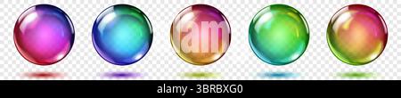 Set von durchscheinenden Kugeln aus Regenbogenfarben mit Glanzlichtern und Schatten auf transparentem Hintergrund, Vektorillustration für Designprojekte und Kreationen Stock Vektor