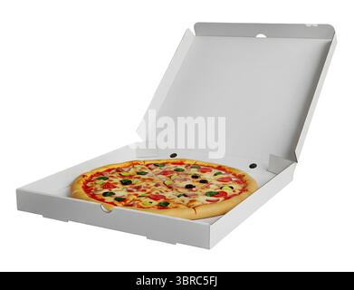 Pizza in einer offenen weißen Box minimalistisches 3D-Rendering in einem weichen und glatten Renderer Stockfoto