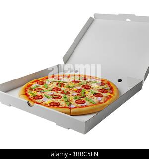 Pizza in einer offenen weißen Box minimalistisches 3D-Rendering in einem weichen und glatten Renderer Stockfoto