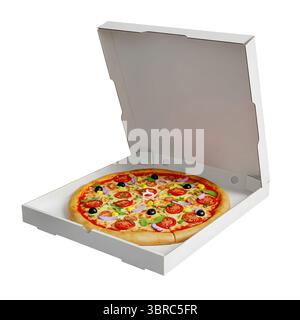 Pizza in einer offenen weißen Box minimalistisches 3D-Rendering in einem weichen und glatten Renderer Stockfoto