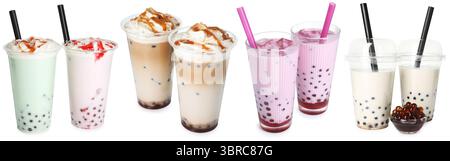 Bubble Tea mit verschiedenen Geschmacksrichtungen auf weißem Hintergrund, Set Stockfoto