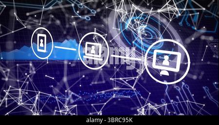 Anzeige verknüpfter Smartphone-, Laptop- und Desktop-Symbole im virtuellen Cyberspace mit Datenströmen Stockfoto
