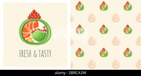 Sushi Roll Philadelphia Cartoon nahtloses Muster. Traditionelles asiatisches japanisches Essen grenzenloser Hintergrund. Sushi Meeresfrüchte endloses Vektor-Design für Papier Druck Stoff Textil Wrapper Hintergrund Vorlage Stock Vektor