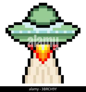 UFO fliegende Untertasse mit Pixelkunst isoliert auf weißem Hintergrund Stock Vektor
