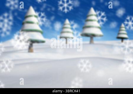 Schneebedeckter Nadelbaum in flacher Winterlandschaft mit treibenden großen Schneeflocken Stockfoto