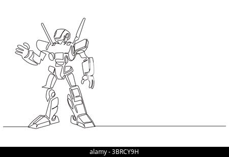 Line Art Robot Futuristic Android, Linienzeichnung eines futuristischen Roboters mit erhobener Hand, Stock Vektor