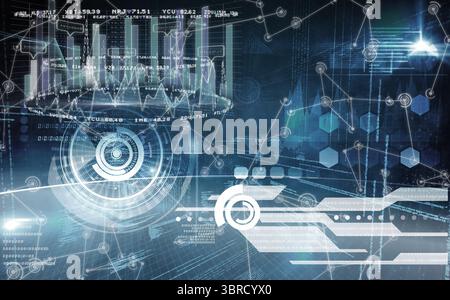 Futuristische virtuelle Benutzeroberfläche zeigt 3D-Balkendiagramme und kreisförmige HUD-Ziele in flacher Bauweise an Stockfoto