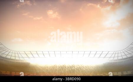 Das Dachraster des Stadions zeigt Sitzständer, Geländer und Flutlichtanordnungen im flachen Sonnenunterganghimmel Stockfoto