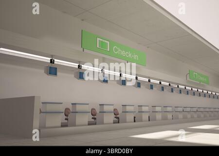Die flache Design-Check-in-Halle des Flughafens ist mit Abtrennungen, Stühlen, Monitoren und grünen Schildern ausgestattet Stockfoto