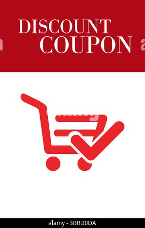 Mit minimalistischer, flacher Promo-Grafik mit roter Kopfleiste und Einkaufswagen-Häkchen Stockfoto