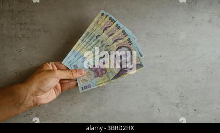 Frau, die mehrere rumänische lei-Banknoten vor einem konkreten Hintergrund hält und die lokale Währung und den finanziellen Kontext veranschaulicht. Stockfoto