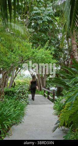 Frau schlendert auf einem üppigen tropischen Hotelweg, umgeben von lebhaftem Grün in einer ruhigen Resortlage unter einem Baldachin aus Palmblättern, die eine tr schaffen Stockfoto
