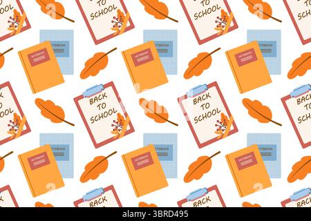 Nahtloses Muster. Flacher Vektor mit bunten Satz von Schul- oder Büromaterialien auf weißem Hintergrund. Back-to-School-Set mit Notizbüchern und Herbstlaub. Stock Vektor