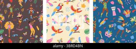 Brasilianisches Karneval-Set mit nahtlosem Muster. Tanzende Menschen, exotische Vögel, Doodle-Elemente. Moderne Vektorillustration. Stock Vektor