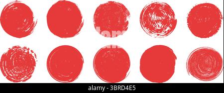 Japanische Bürste Sonnenuntergang. Handgezeichnete rote Grunge-Sonnenkreise. Abstrakte runde Stempelsammlung auf weißem Hintergrund Stock Vektor