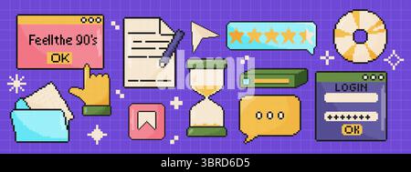 8-Bit-Retro-pc-Element-Fensterset. Pixelbildobjekte. Computergrafik der alten Schule Stock Vektor
