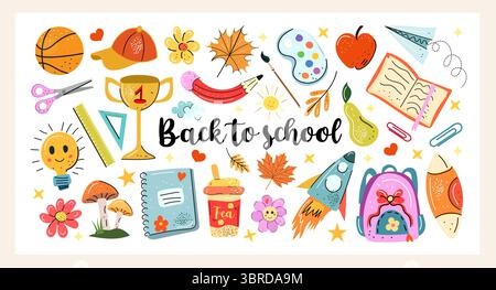 Back to School Hand gezeichneter Cartoon Vektor Set mit Schulbedarf, Rucksack, Herbstlaub, Bücher, Trophäe, Kunstwerkzeuge und lustige Kritzeleien. Perfekt für Kinder Stock Vektor