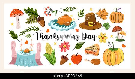 Thanksgiving Day Hand gezeichneter Vektor-Set mit truthahn, Kürbiskuchen, Erntegut, Pilzen, Blättern und gemütlichen Kritzeleien. Perfekt für Karten und Ausdrucke Stock Vektor