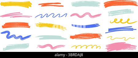 Von Hand gezeichnete bunte Kreideunterstriche und wirbelnde Linien. Pinselstriche mit Buntstiften, gewellte und spiralförmige Kratzer. Vektorillustration auf weißem Hintergrund Stock Vektor