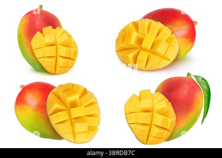 Sammlung von Mango auf isoliertem weißem Hintergrund. Mango mit Blättern, Scheiben und ganz. Stockfoto