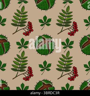 Nahtloses Vektor-Herbstmuster mit handgezeichneten Kastanien, vogelbeeren und Blättern, perfekt für Herbstmotive und Textildrucke. Stock Vektor