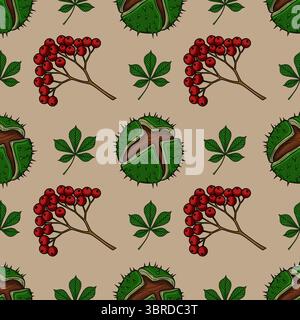 Nahtloses Vektor-Herbstmuster mit handgezeichneten Kastanien, vogelbeeren und Rosskastanienblättern, perfekt für Herbstmotive und Textildrucke Stock Vektor