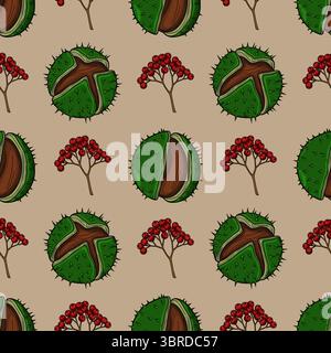 Nahtloses Vektormuster aus Herbstkastanien und roten Beeren, handgezeichnet im Vintage-Stil auf beigem Hintergrund, ideal für Herbstmotive. Stock Vektor