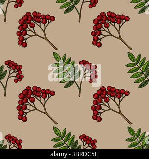 Nahtloses Vektormuster von handgezeichneten vogelzweigen mit roten Beeren und grünen Blättern auf einem beigefarbenen Hintergrund, perfekt für herbstliche Designs und te Stock Vektor