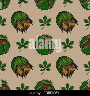 Nahtloses Vektormuster von handgezeichneten Kastanien und Blättern im Vintage-Stil, mit detaillierten Illustrationen von offenen und geschlossenen Kastanienschalen Stock Vektor