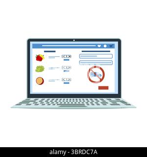 Online-Website zum Einkaufen von Lebensmitteln, die auf einem Laptop-Bildschirm mit einem Interface-Vektor für die Lebensmittelauswahl angezeigt wird Stock Vektor
