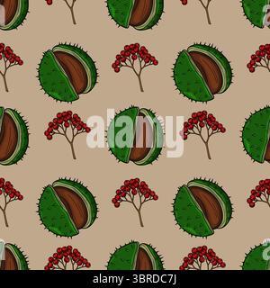 Nahtloses Vektormuster aus handgezeichneten Herbstkastanien und roten Beeren auf beigefarbenem Hintergrund, perfekt für Herbstmotive und Textildrucke. Stock Vektor