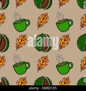 Cozy Autumn Seamless Vector Pattern: Green Mug of Coffee, Chestnut, and Oak Leaves on a Beige Background Stock Vektor