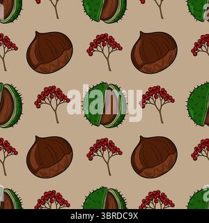 Nahtloses Vektormuster aus Herbstkastanien, geöffneter Kastanienschale und roten Beeren auf beigefarbenem Hintergrund, perfekt für Herbstdesign-Projekte. Stock Vektor